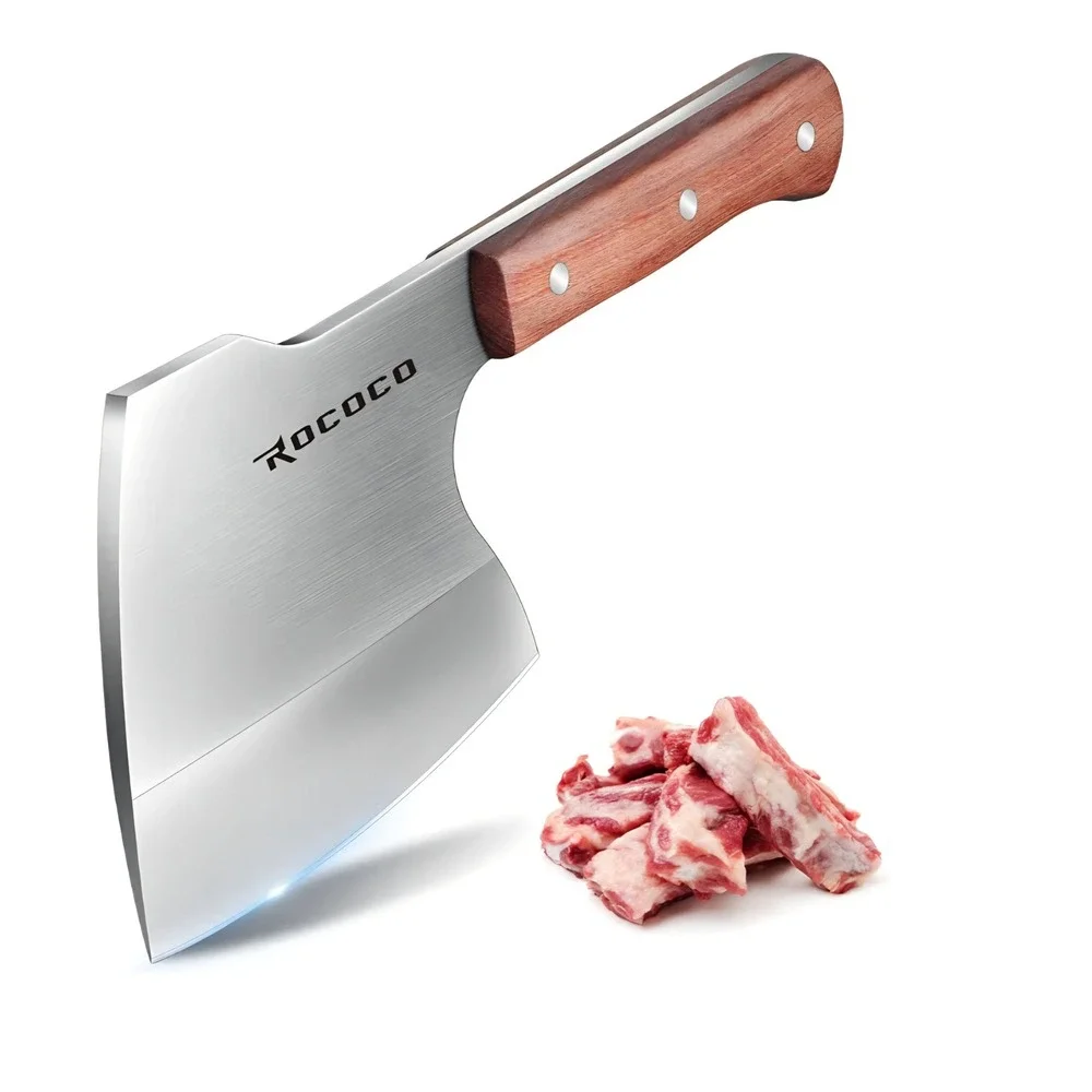 Rococo Stainless Steel Bone Cleaver Heavy Duty Meat Chopper Wood Handle Knife
